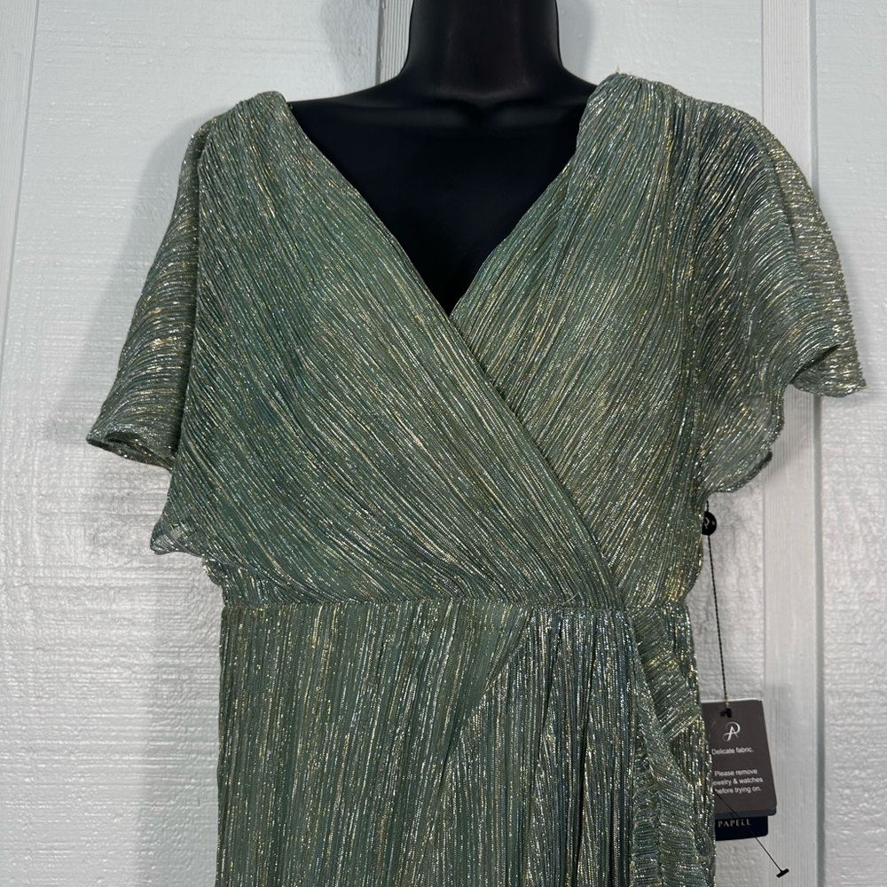 Adrianna Papell Women’s Pleated Green Metallic Short Sleeve Gown Size 4 NWOT - Picture 6 of 12